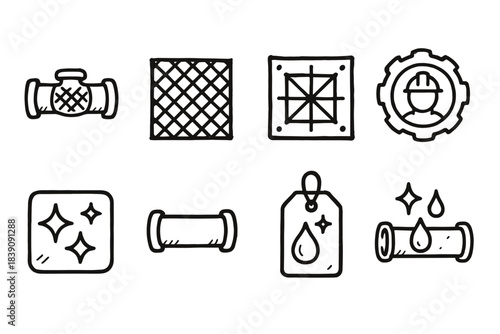 Plumbing and water line icon set. Efficient, clean water supply outline icons collection.