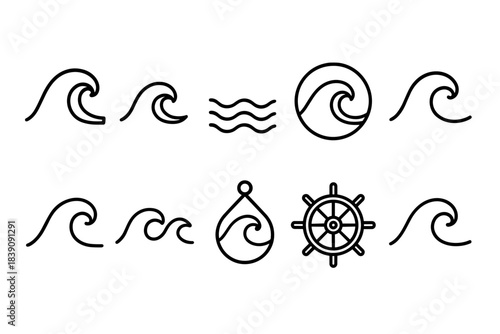 Wave and ocean outline icon set. Nautical, marine symbols in linear style collection