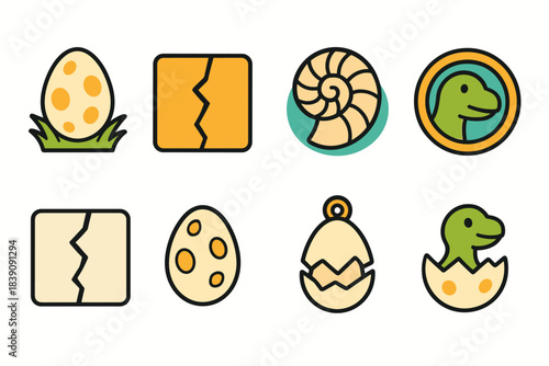 Dinosaur, fossil outline icon set. Prehistoric, paleontology, egg hatch icon collection