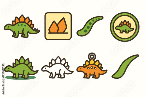 Dinosaur flat icon set. Prehistoric, cute dinosaur icons for education and fun.
