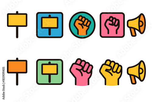 Protest, activism outline icon set. Demonstration, megaphone symbol outline collection