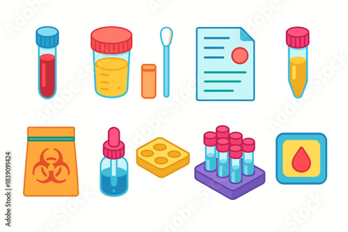 Medical testing flat icon set. Laboratory, healthcare, test tubes, and diagnostic icons.