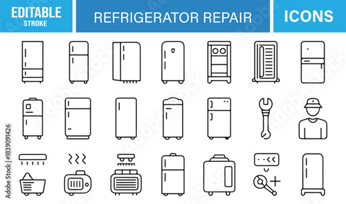 Modern Outline Appliance Repair Icon Pack Featuring Refrigerator Units, Cooling Components, Tools, and Maintenance Symbols