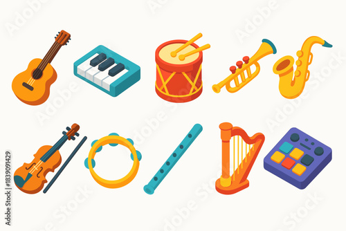 Music instruments 3d icon set. Colorful collection for education and entertainment.
