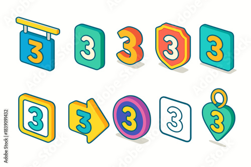 Number 3 icon set. Numerals in colorful 3d style for educational resources.