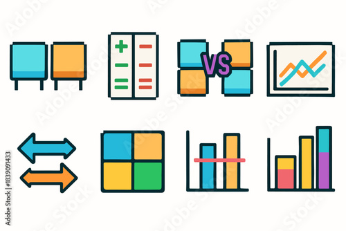 Data analysis flat icon set. Infographic, chart, graph, comparison, stats, metric icons