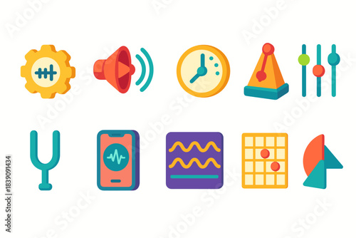Audio and sound flat icon set. Musical instruments, sound control, audio tools