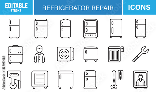 Minimal Line Icons of Refrigerator Repair Including Fridges, Tools, Technicians, Compressors, Coils, Thermometers, and Spare Parts