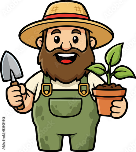 Smiling Male Gardener Holding Trowel and Plant Seedling Vector