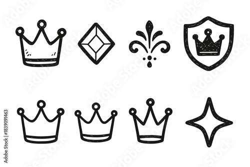 Crown, royalty doodle icon set. Hand-drawn outline icons collection in sketch style
