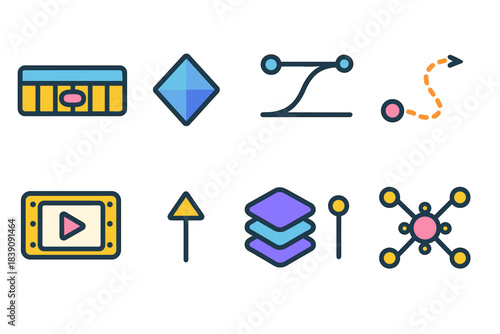 Technology development flat icon set. Innovation, digital tools, creative process icons
