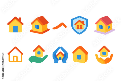 Home, real estate icon set. Flat style housing, protection, property icon collection
