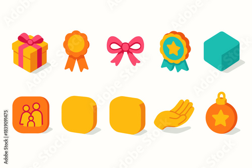 Award and gift flat icon set. Ribbons, medals, and presents flat collection