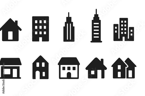Real estate, buildings solid icon set. Home, urban, architecture icons collection