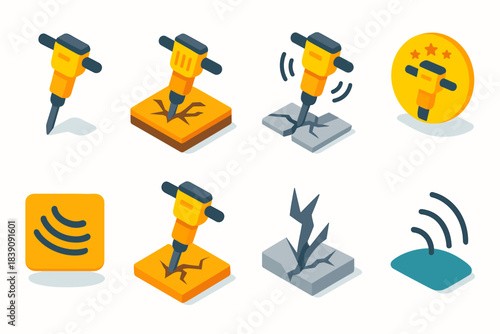Construction tools icon set. Jackhammer, drill and impact icons 3d collection