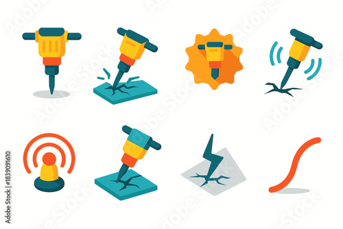 Construction tool flat icon set: jackhammer, repair equipment, building tools collection
