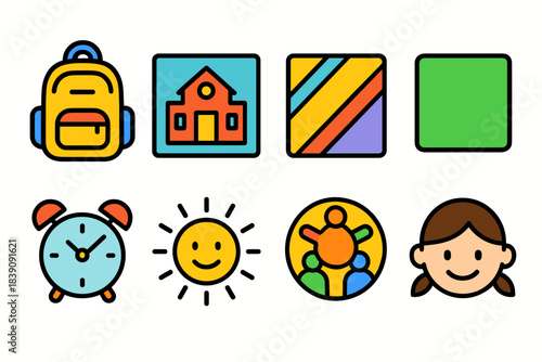 Education, school flat icon set. Backpack, learning, kids, academic icons collection