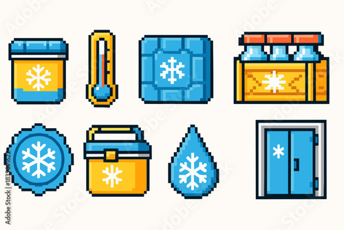 Cooling and refrigeration pixel icon set. Frozen, ice, temperature pixel art icons.