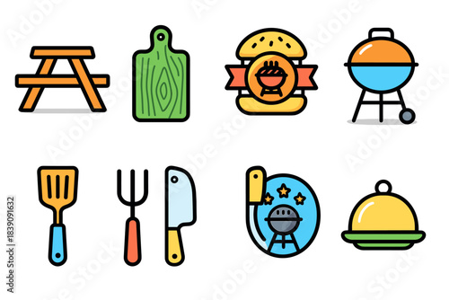 Barbecue and cooking icon set. Outdoor, grill, food, picnic, outline style collection