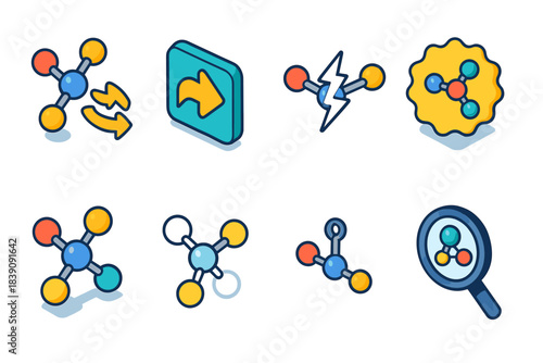 Molecule, chemistry science icon set. Atomic, molecular structure flat icons collection
