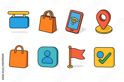 Shopping and navigation 3d icon set. Retail, location, and communication icons collection.