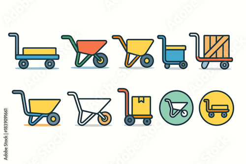 Hand truck, wheelbarrow outline icon set. Transport, cargo, logistics icons collection