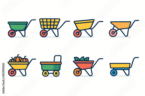 Gardening and construction outline icon set: tools, equipment, and wheelbarrows