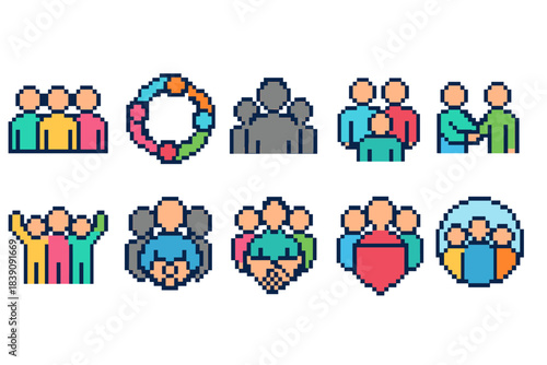 Teamwork and collaboration icon set in flat style. Business, meeting, partnership icons.