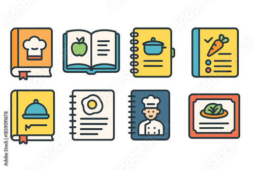 Recipe and cookbook filled icon set. Cooking, meal planning filled icons collection