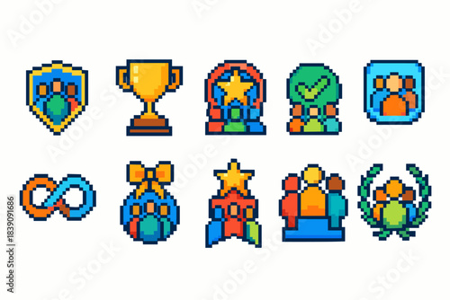 Achievement and teamwork icon set. Pixel art icons collection for success themes.