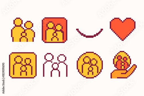 Family, community pixel icon set. Relationships, support, unity pixel art collection