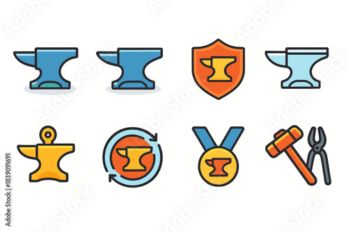 Blacksmith tools outline icon set. Anvil, hammer, tools, shield outlines collection