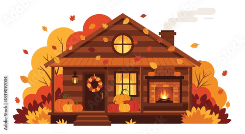 Cozy autumn cabin with a warm fireplace and welcoming wreath inviting comfort.