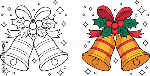 Two golden Christmas bells tied with a red festive ribbon and holly, traditional holiday ornament vector illustration for coloring book design