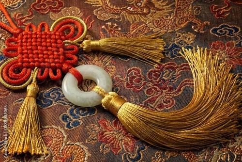 Decorative red and gold tassel with jade pendant, resting on intricate fabric background featuring floral patterns, symbolizing prosperity and good fortune in cultural celebrations and traditions