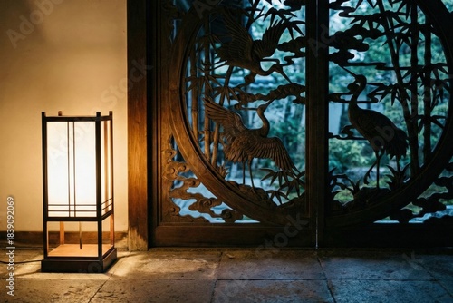 Elegant wooden door with intricate crane carvings, illuminated by a stylish lantern, creating a serene atmosphere in a tranquil indoor space, showcasing harmony between light and design