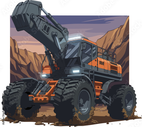 Heavy duty industrial wheeled excavator on rugged terrain.