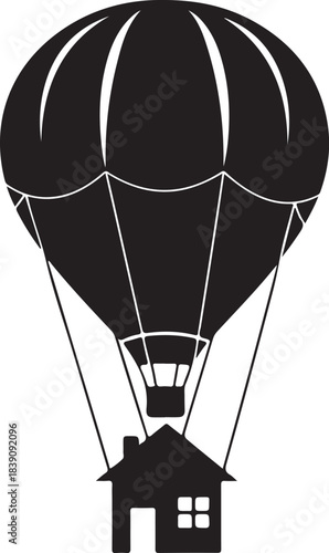 Hot air balloon carrying a house on white background Keywords: hot air balloon, house, carrying