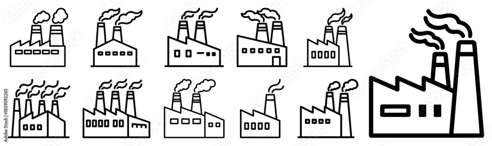 Naklejka premium Factory line icons set vector collection of industrial buildings power plants and manufacturing facilities with smoking chimneys
