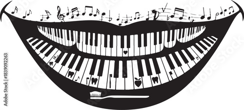 Mouth with piano keys for teeth and musical notes keyboard