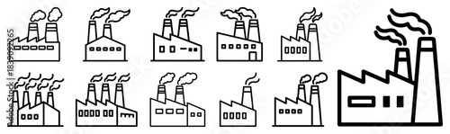 Factory line icons set vector collection of industrial buildings power plants and manufacturing facilities with smoking chimneys