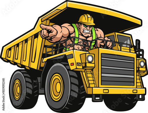 Tough cartoon driver operates large haul truck pointing forward