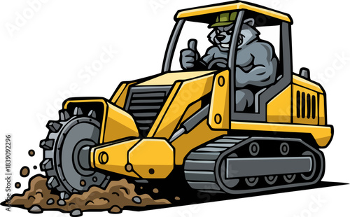 Powerful Bear Operating Earthworks Grinder Machine Mascot