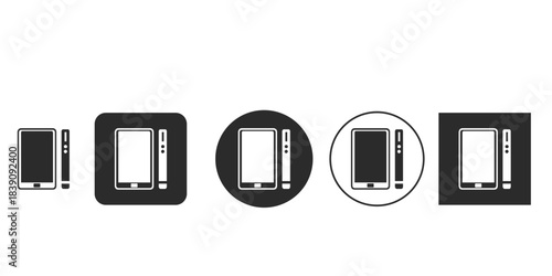Mobile phone and stylus accessories black and white icon set | Vector illustration of smartphone with digital pen symbol for UI/UX | Flat design tablet and active pen icons in various shapes