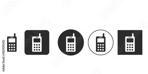 Vintage mobile phone icon set vector illustration | Monochrome feature phone pictogram for contact or calling | Retro cell phone symbol silhouette different styles | Old school push button telephone