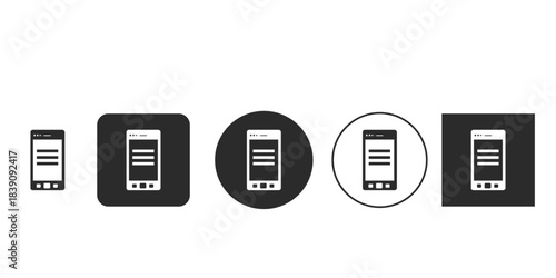 Monochromatic mobile app screen icon set design | Responsive web design interface vector graphics | Smartphone display showing list content symbols | Black and white UX UI element for web development