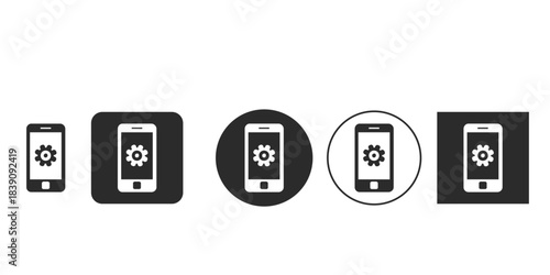 Black and white smartphone settings icon vector collection | Mobile phone app configuration and service adjustments symbol | Digital device maintenance graphic for UI/UX design 