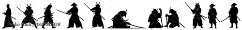 Ancient Japanese samurai warrior silhouette collection with katana swords and traditional armor