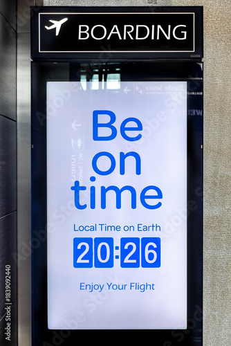 The LCD screen at the airport shows the departure time as the new year 2026