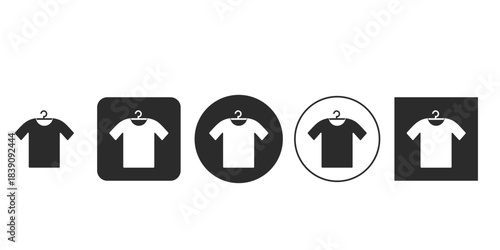 Minimalist apparel and garment shop icon variations | Simple T-shirt on hanger black and white vector symbol | Clothing icon set for retail and fashion apps | Flat design laundry and wardrobe 